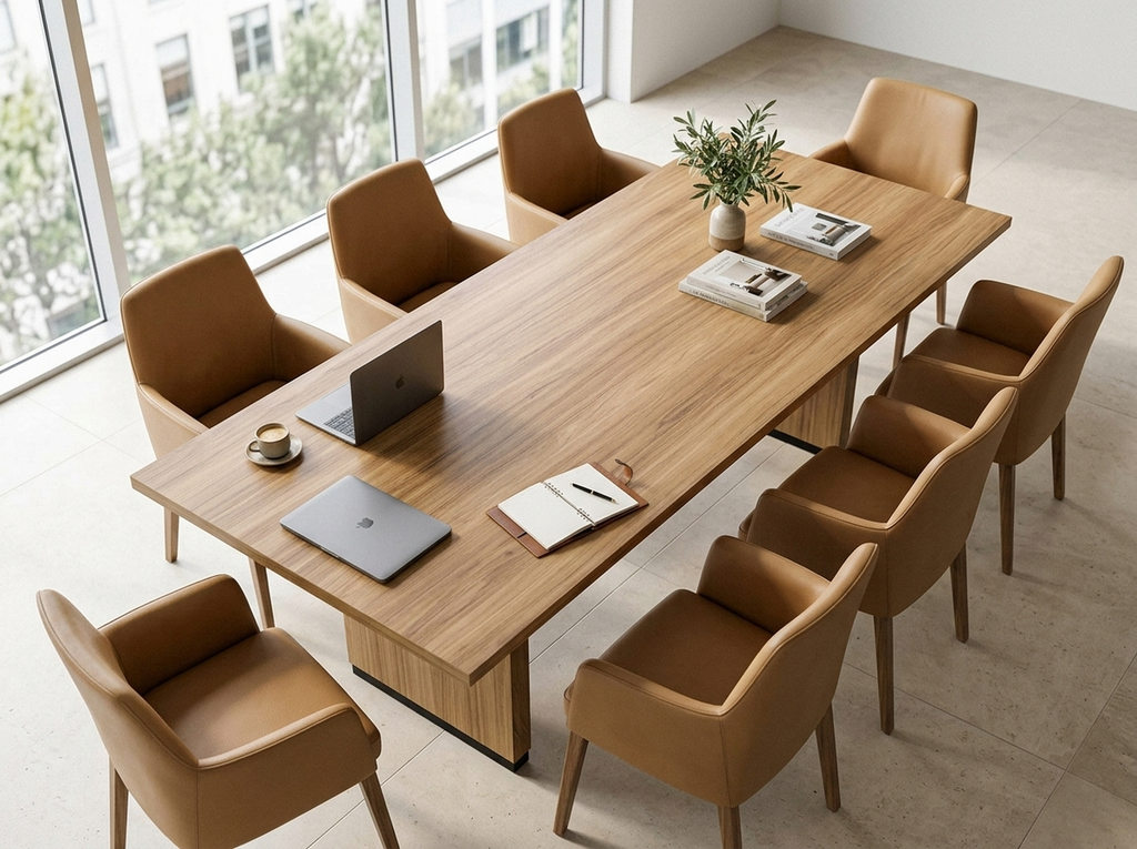 Overhead view of the 8 ft rectangular meeting table with tan leather chairs