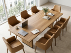 Overhead view of the 8 ft rectangular meeting table with tan leather chairs