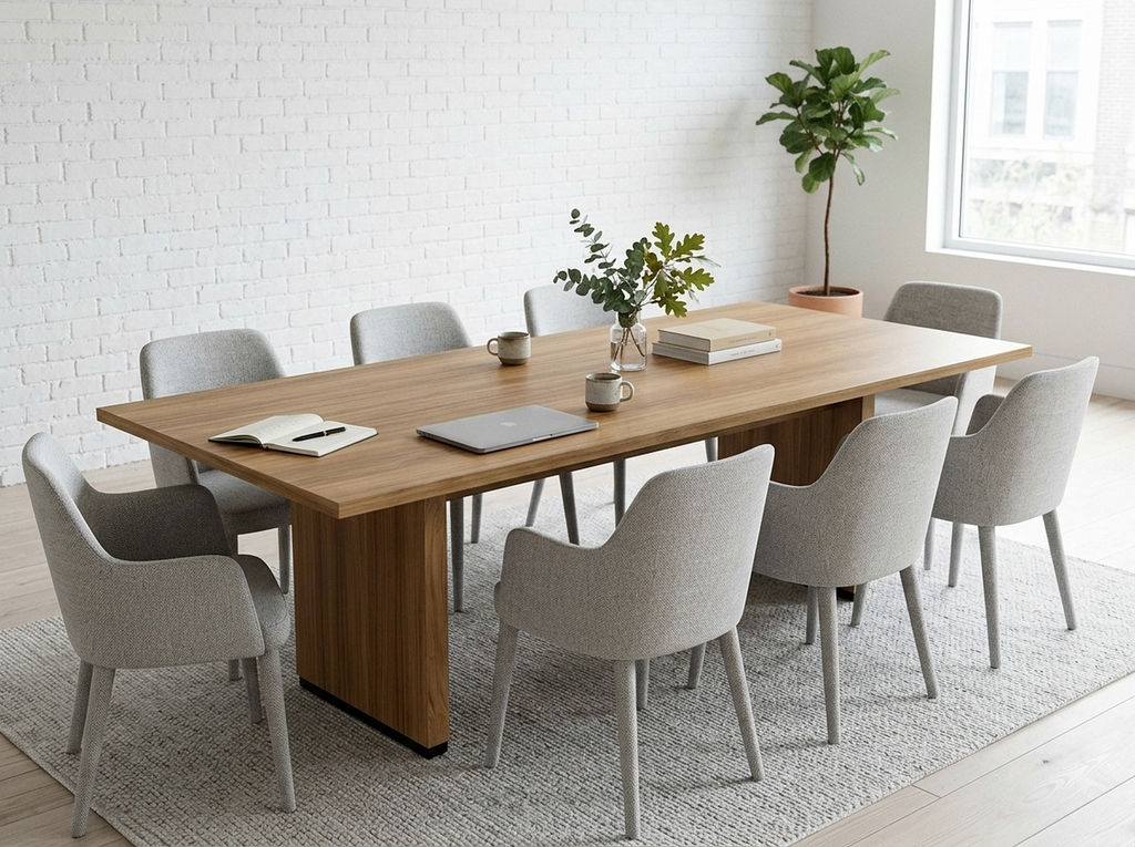 Light oak meeting table on panel bases with upholstered chairs in a Scandinavian room