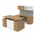 U shaped executive desk with motorized height-adjustable base, walnut finish with white accent panels