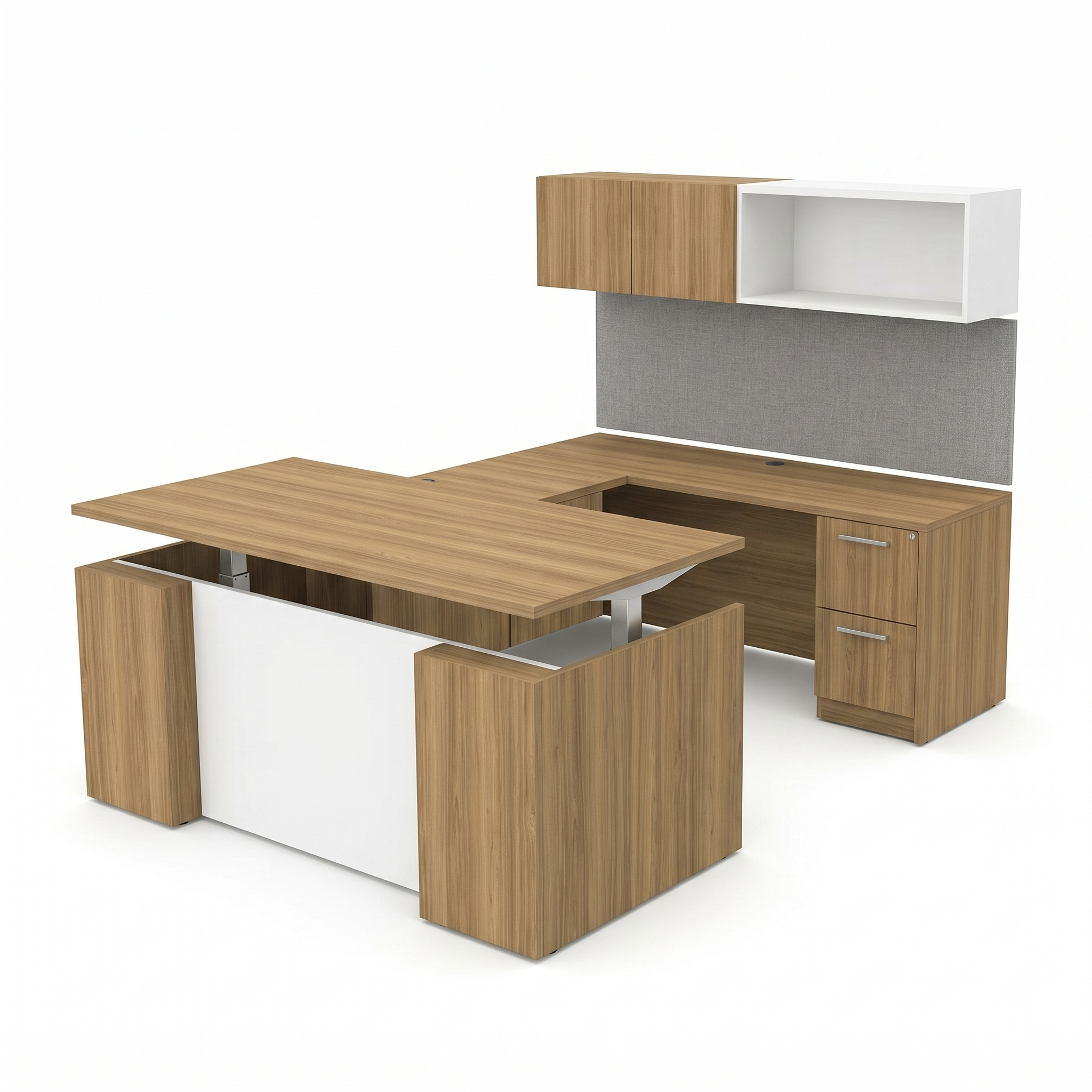 U shaped executive desk with motorized height-adjustable base, walnut finish with white accent panels
