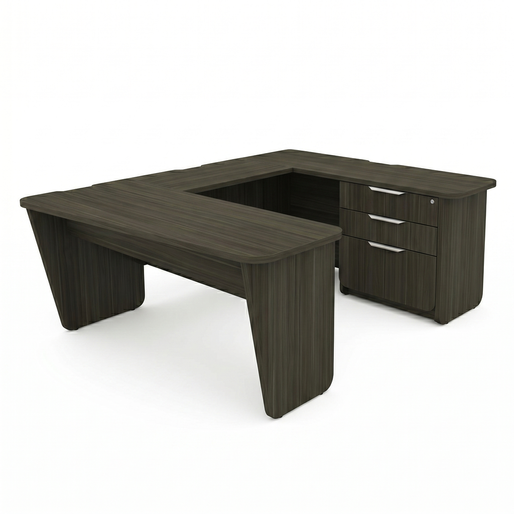 U shaped executive desk with credenza, bridge, and three-drawer credenza storage