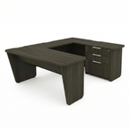 U shaped executive desk with credenza, bridge, and three-drawer credenza storage