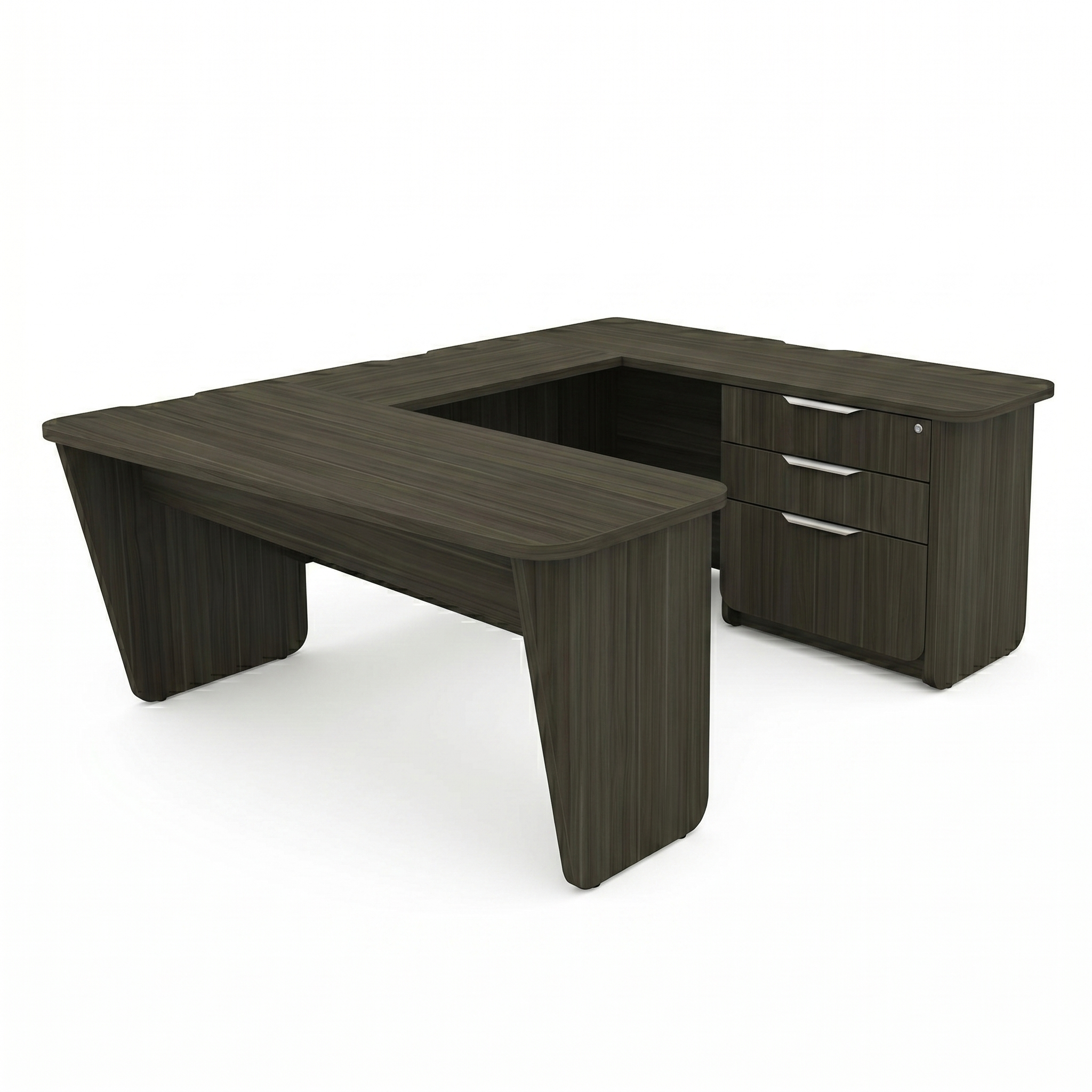 U shaped executive desk with credenza, bridge, and three-drawer credenza storage