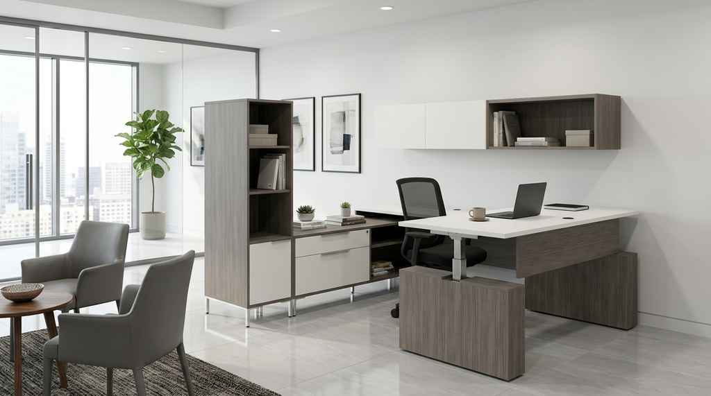 U desk with hutch in a corner office with city windows, guest chairs and a laptop