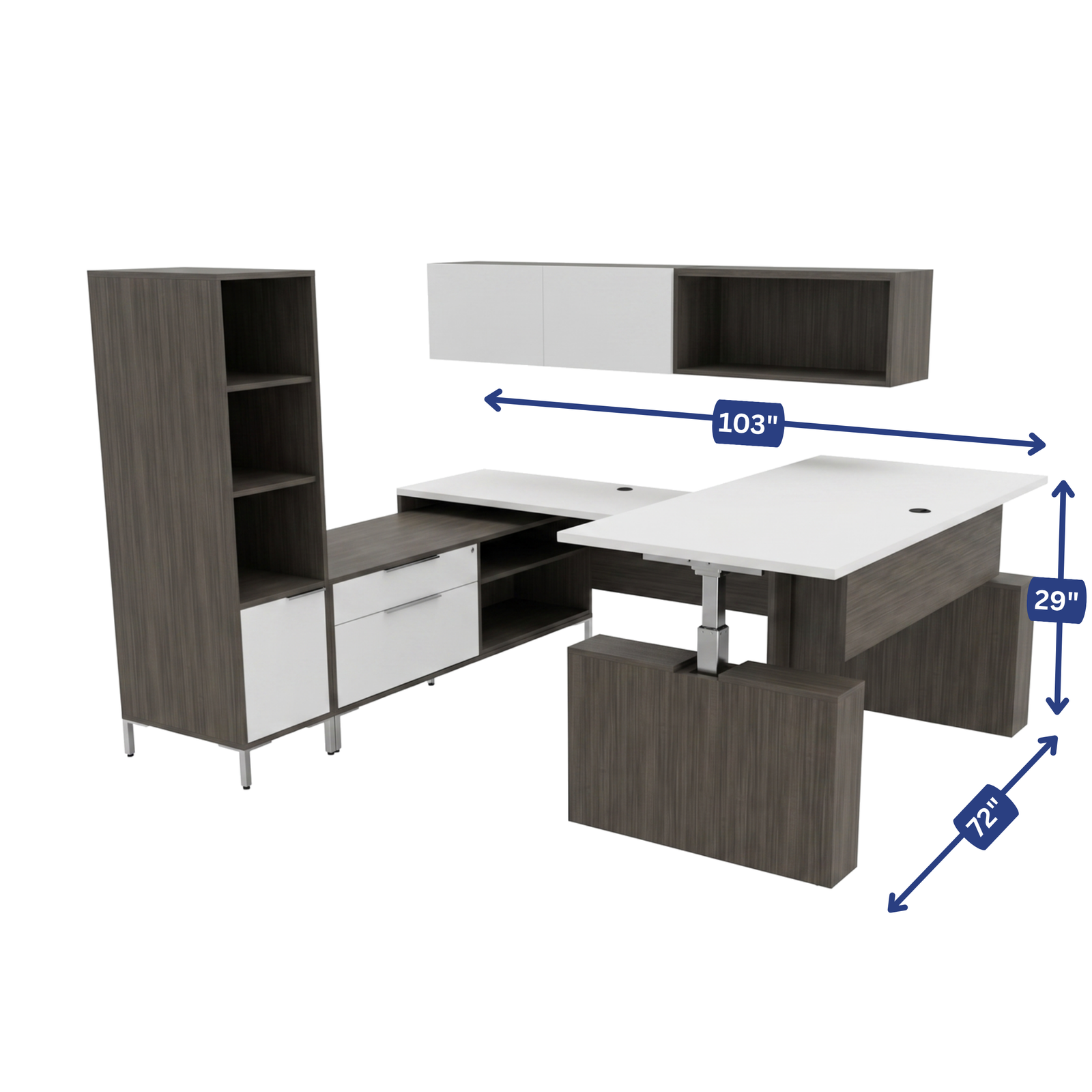Ascend U-Shaped Office Desk with Hutch and Tower dimensions diagram