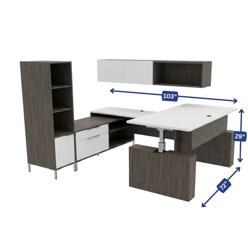 Ascend U-Shaped Office Desk with Hutch and Tower dimension diagram, 103 by 72 by 29 inches