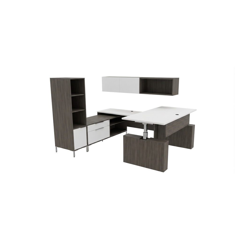 U shaped office desk with hutch, dark gray woodgrain, white sit-stand top and storage tower