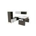 U shaped office desk with hutch, dark gray woodgrain, white sit-stand top and storage tower