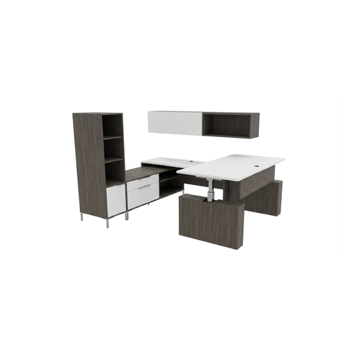 U shaped desk with hutch and storage tower, dark gray woodgrain, white sit-stand top