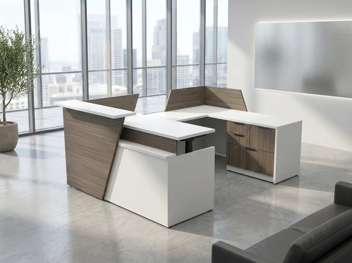 U-shaped reception desk in gray and white facing a city-view corporate lobby