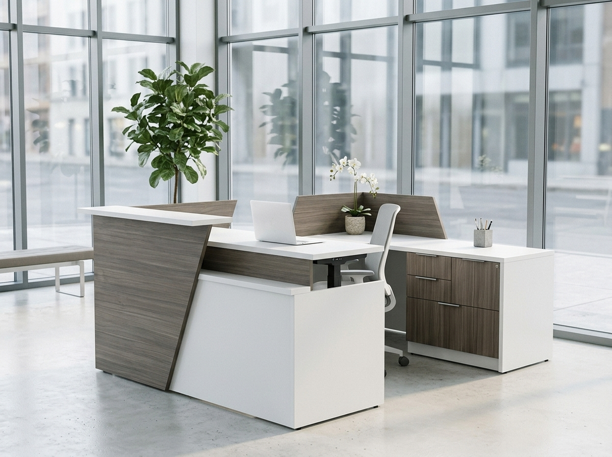 U-shaped reception desk in gray woodgrain beside a corporate glass wall and tree