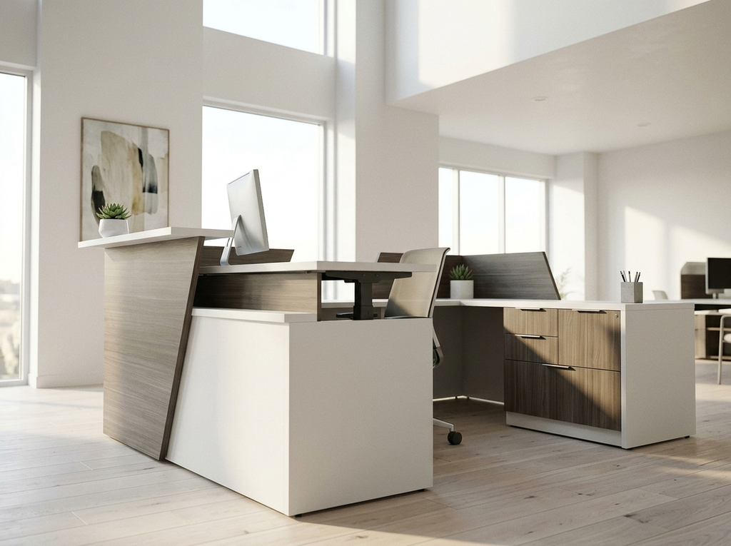 Low angle of the gray and white U-shaped reception desk under tall lobby windows