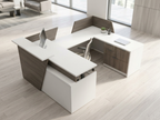 Overhead view of the U-shaped reception desk showing its wraparound work surface