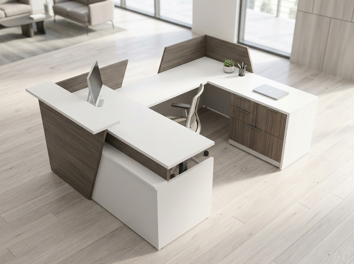 Overhead view of the U-shaped reception desk showing its wraparound work surface
