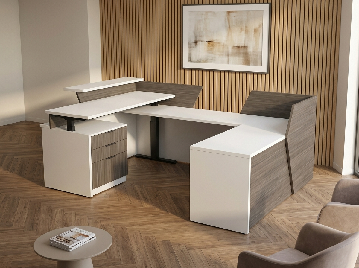Gray U-shaped reception desk against a wood-slat wall on a herringbone floor