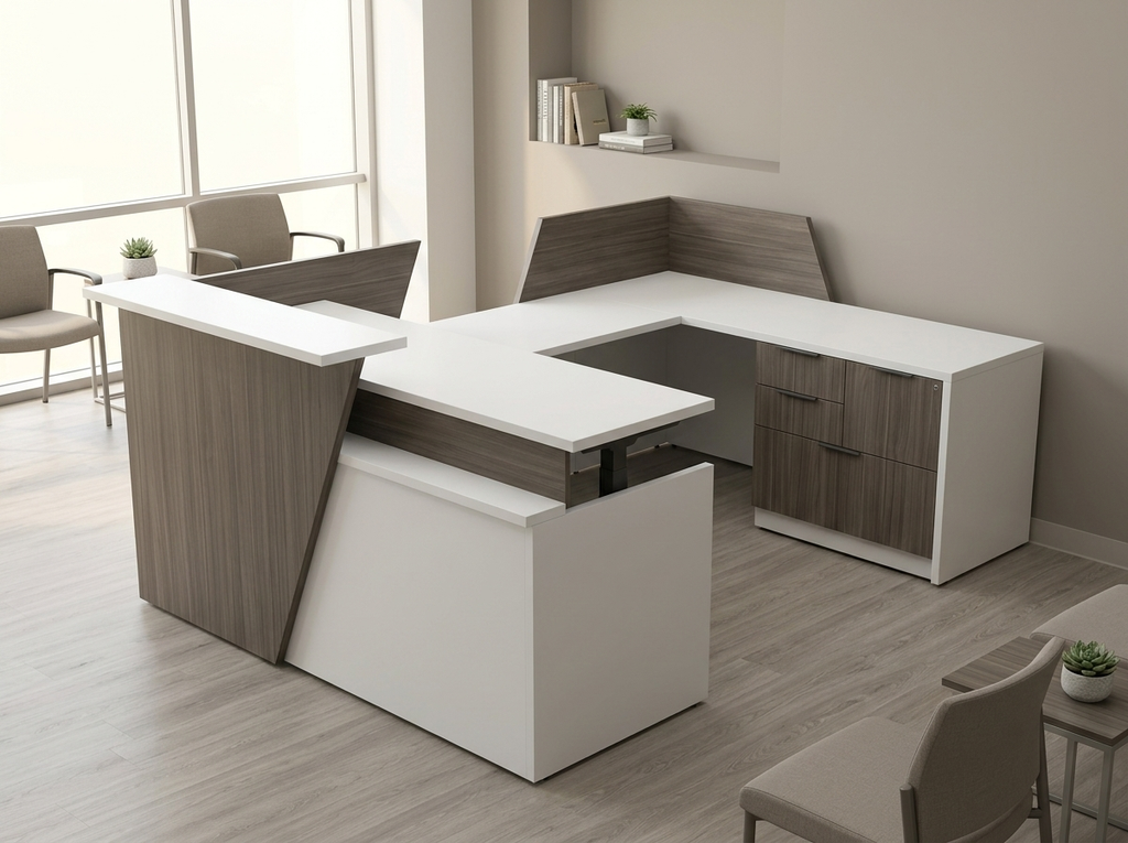 Overture U-shaped reception desk in gray woodgrain with white transaction counter