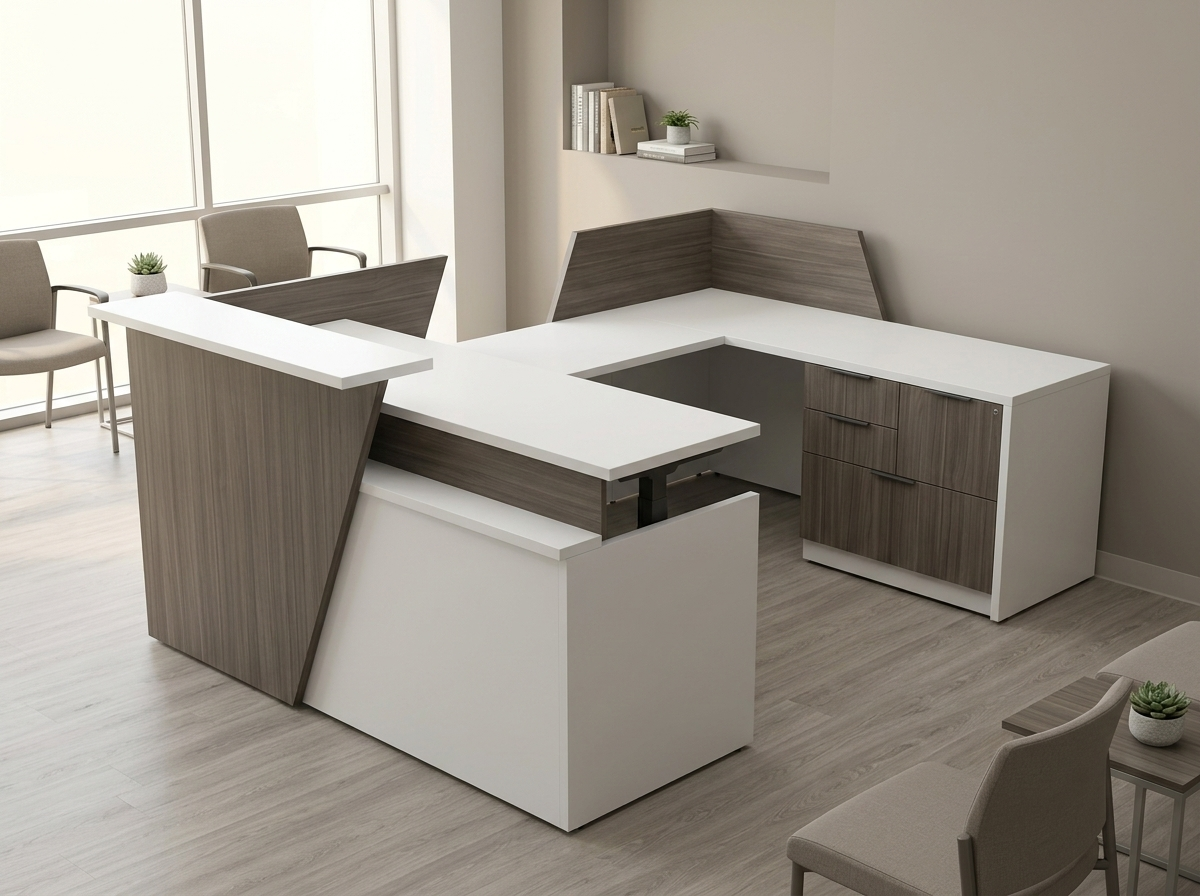 Overture U-shaped reception desk in gray woodgrain with white transaction counter