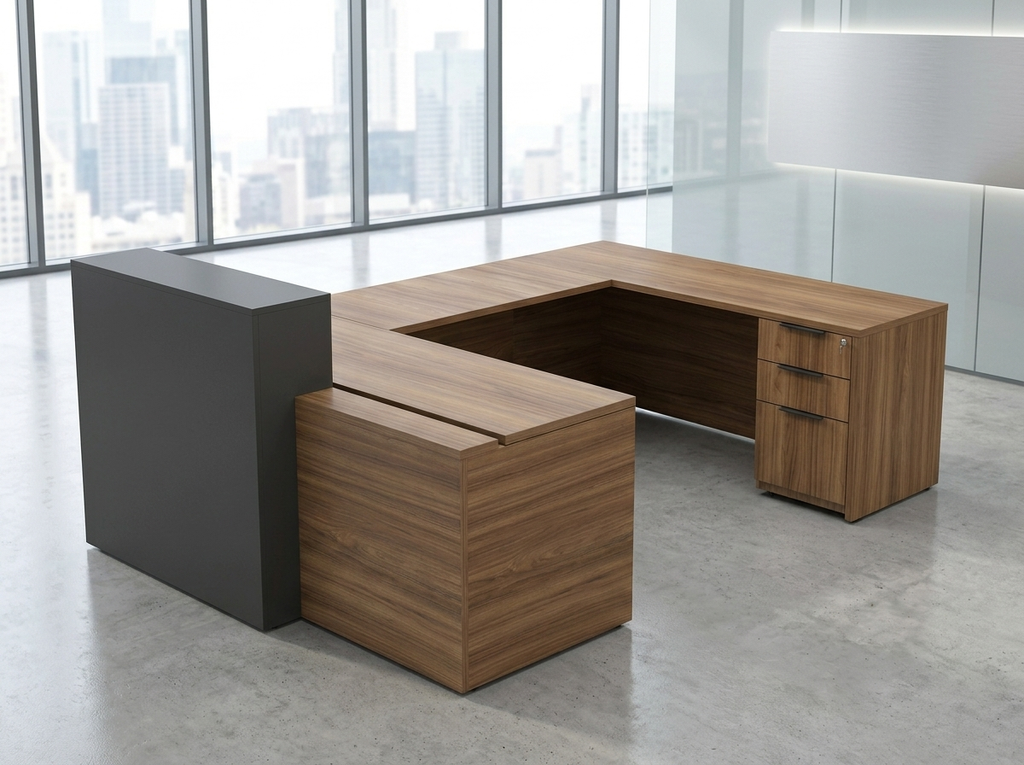 Overture U-shaped reception desk with transaction counter in walnut and charcoal