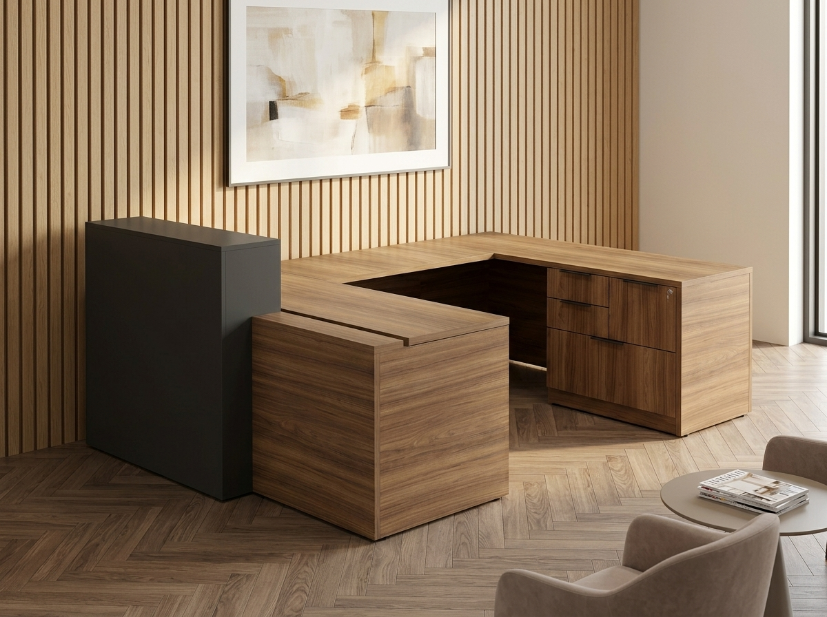 Walnut U-shaped reception desk with charcoal transaction counter in a wood-slatted office