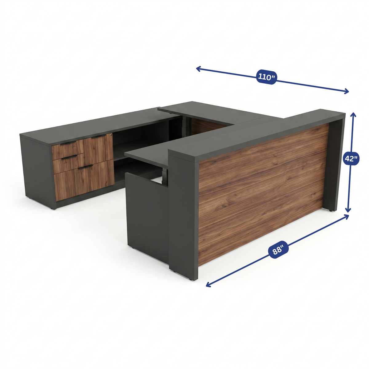 Overture Height-Adjustable U-Shaped Reception Desk with Credenza dimension diagram, 88 by 110 by 42 inches