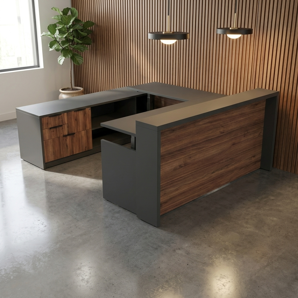 Height-adjustable U-shaped reception desk with credenza in walnut and charcoal, law firm lobby