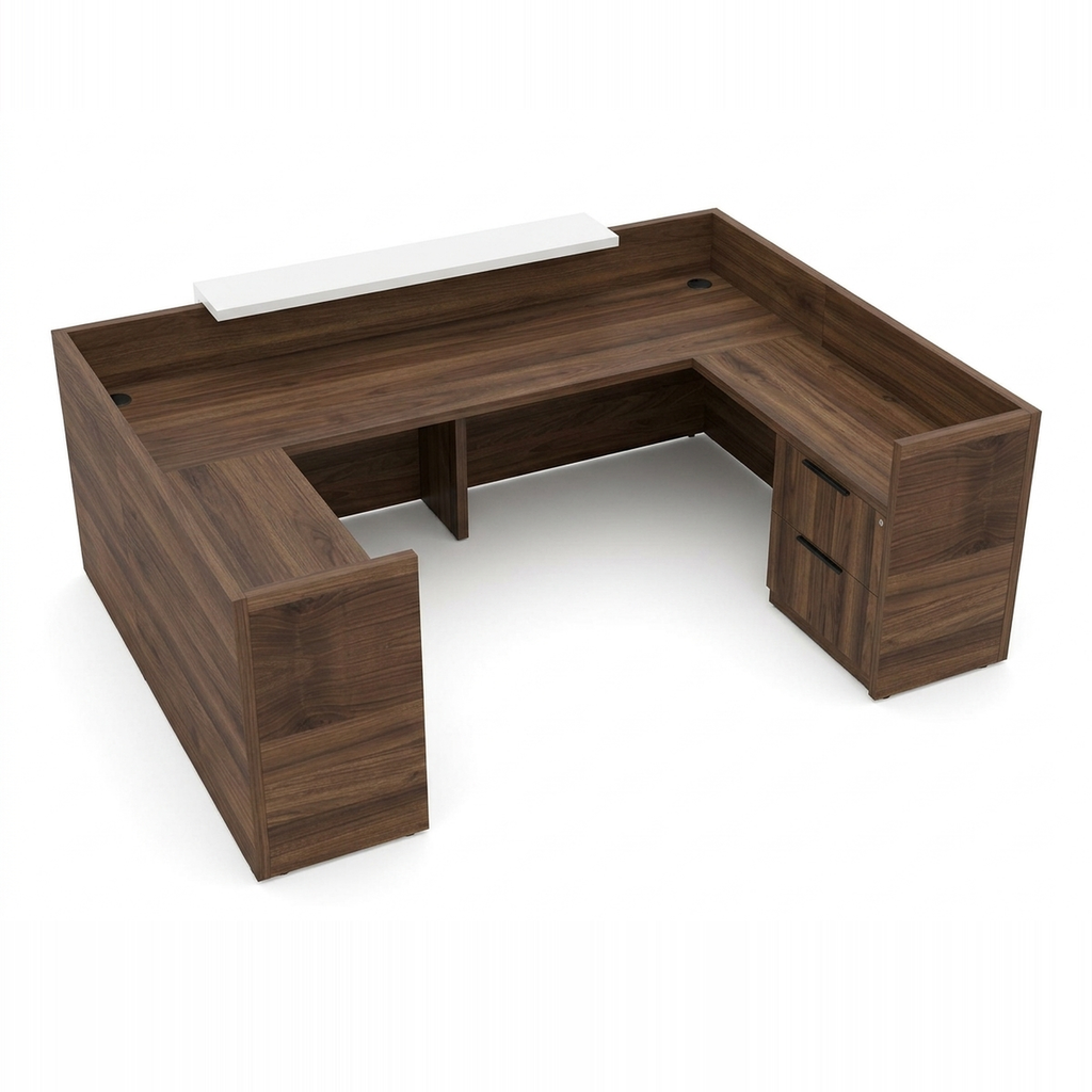 Overture U-shaped reception desk with drawers on white, showing the wraparound counter