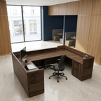Walnut U-shaped reception desk with drawers in a bank branch with navy wall panelling