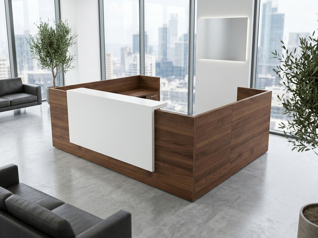 Overture U-shaped reception desk with drawers in walnut and a white transaction panel