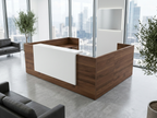 Overture U-shaped reception desk with drawers in walnut and a white transaction panel