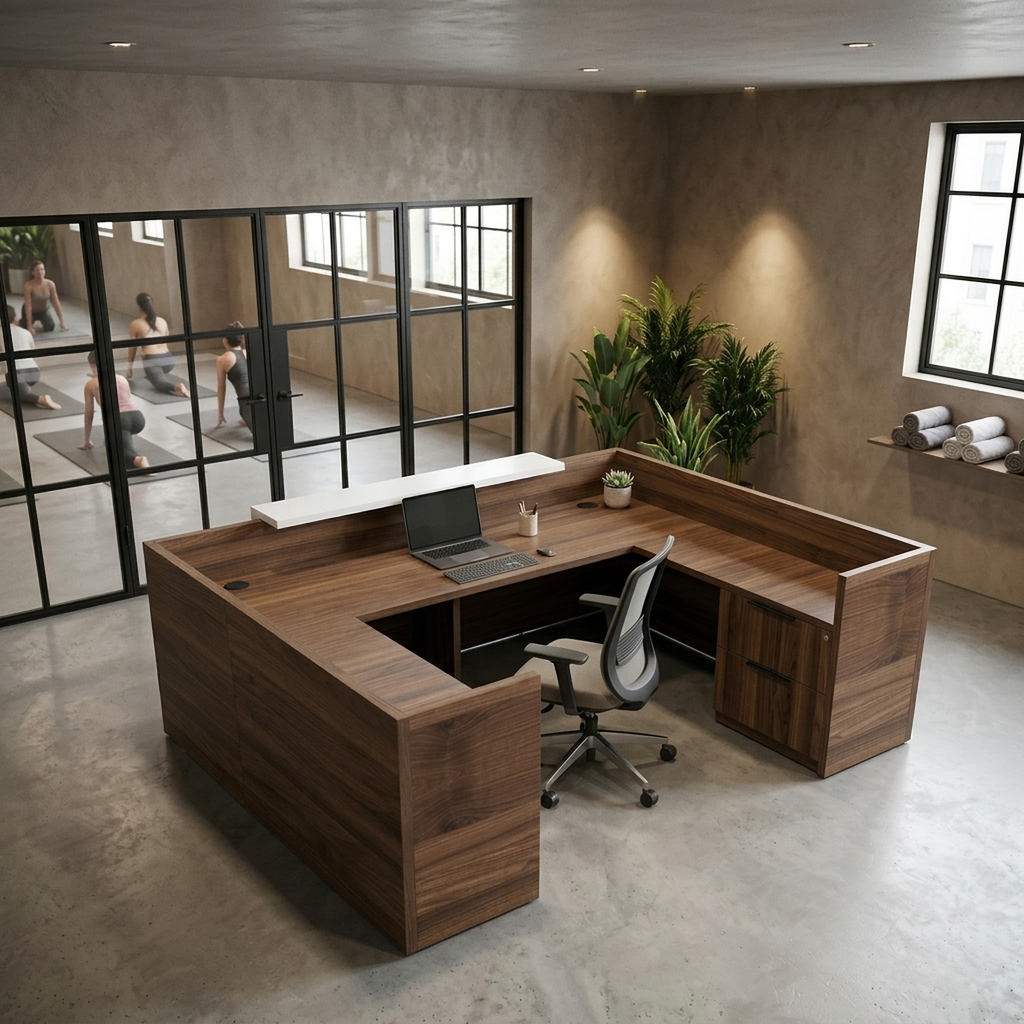 U-shaped reception desk with drawers in walnut behind a black-framed glass wall