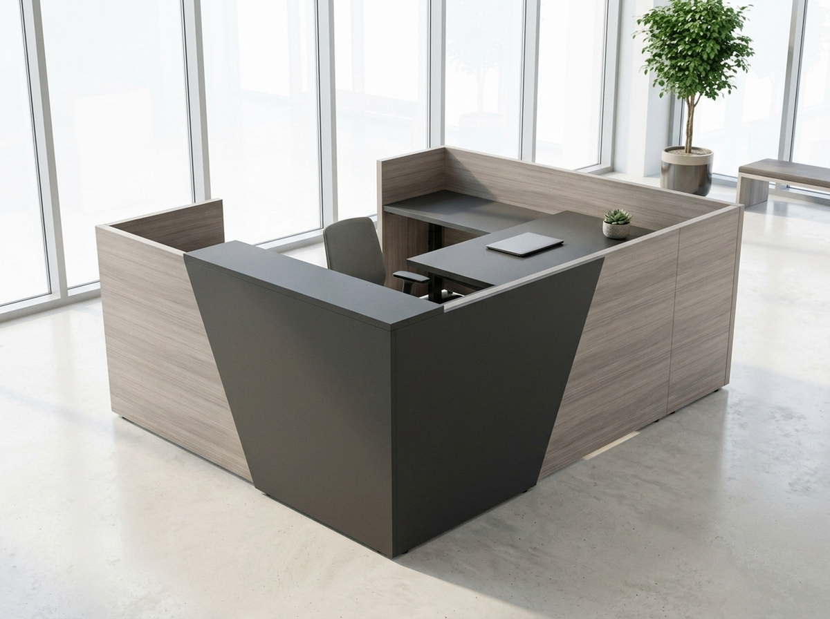 U-shaped reception desk with storage in a daylit corporate lobby with city windows