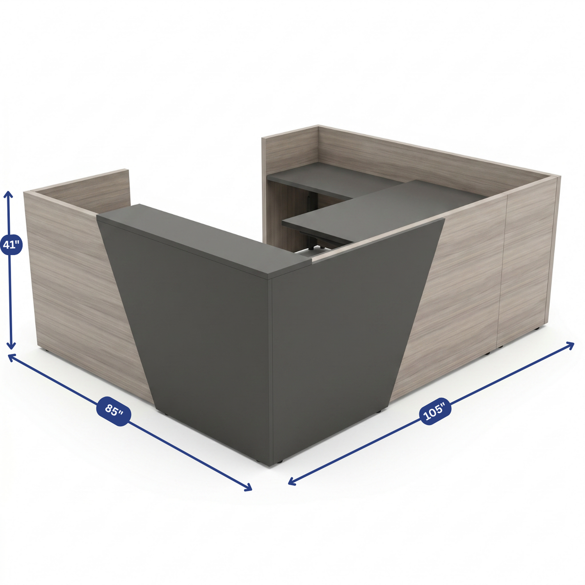Overture U-Shaped Reception Desk with Storage dimension diagram, 85 by 105 by 41 inches
