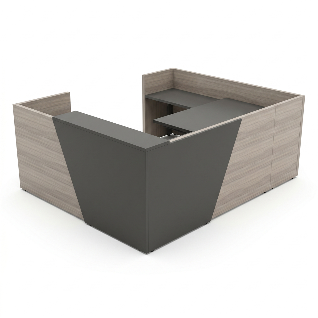 U shaped reception desk with storage cabinets in driftwood gray, angled charcoal counter front