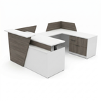 U shaped reception desk in white and driftwood with sit stand surface and file drawers