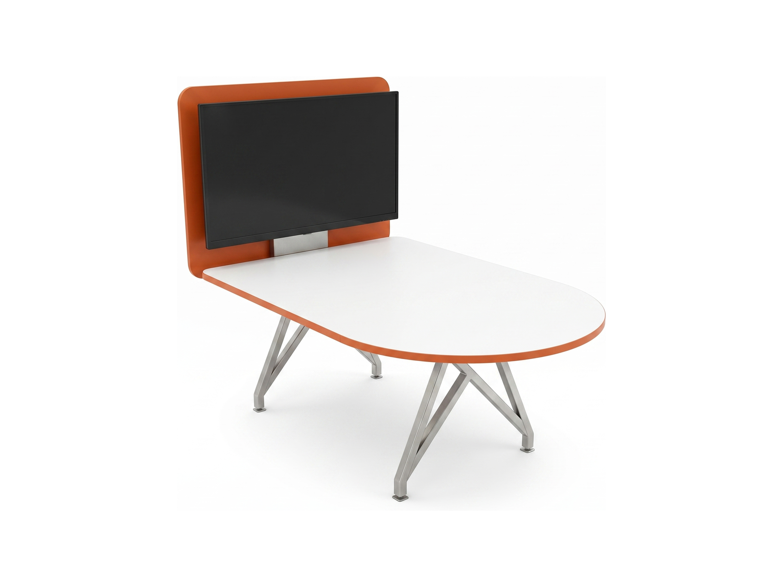 Video conference table with white peninsula top, orange media wall and angled steel legs