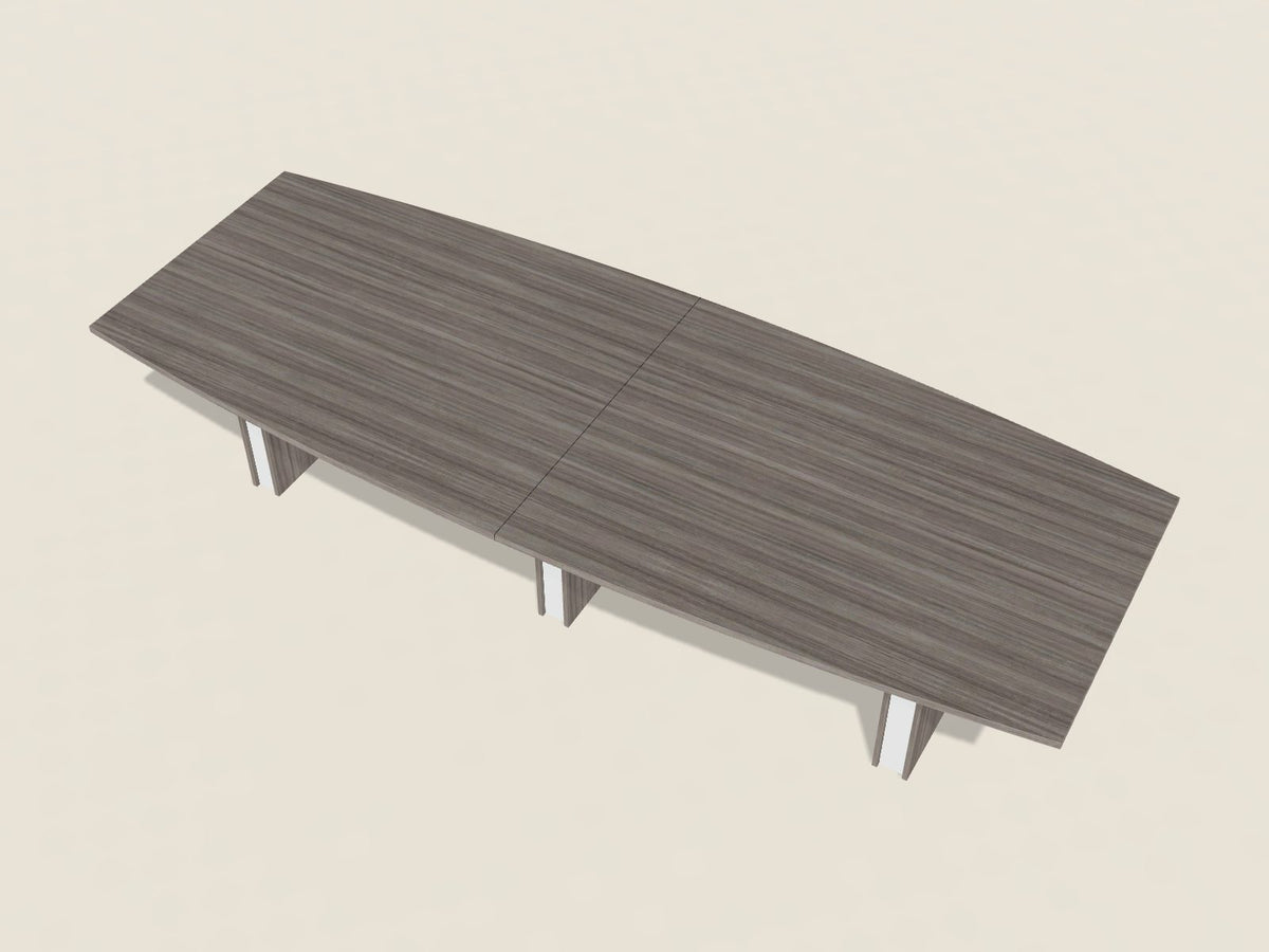 12 ft (144 inch) boat shape conference table in Portico Teak, a grey-brown woodgrain laminate, on panel bases with white side panels