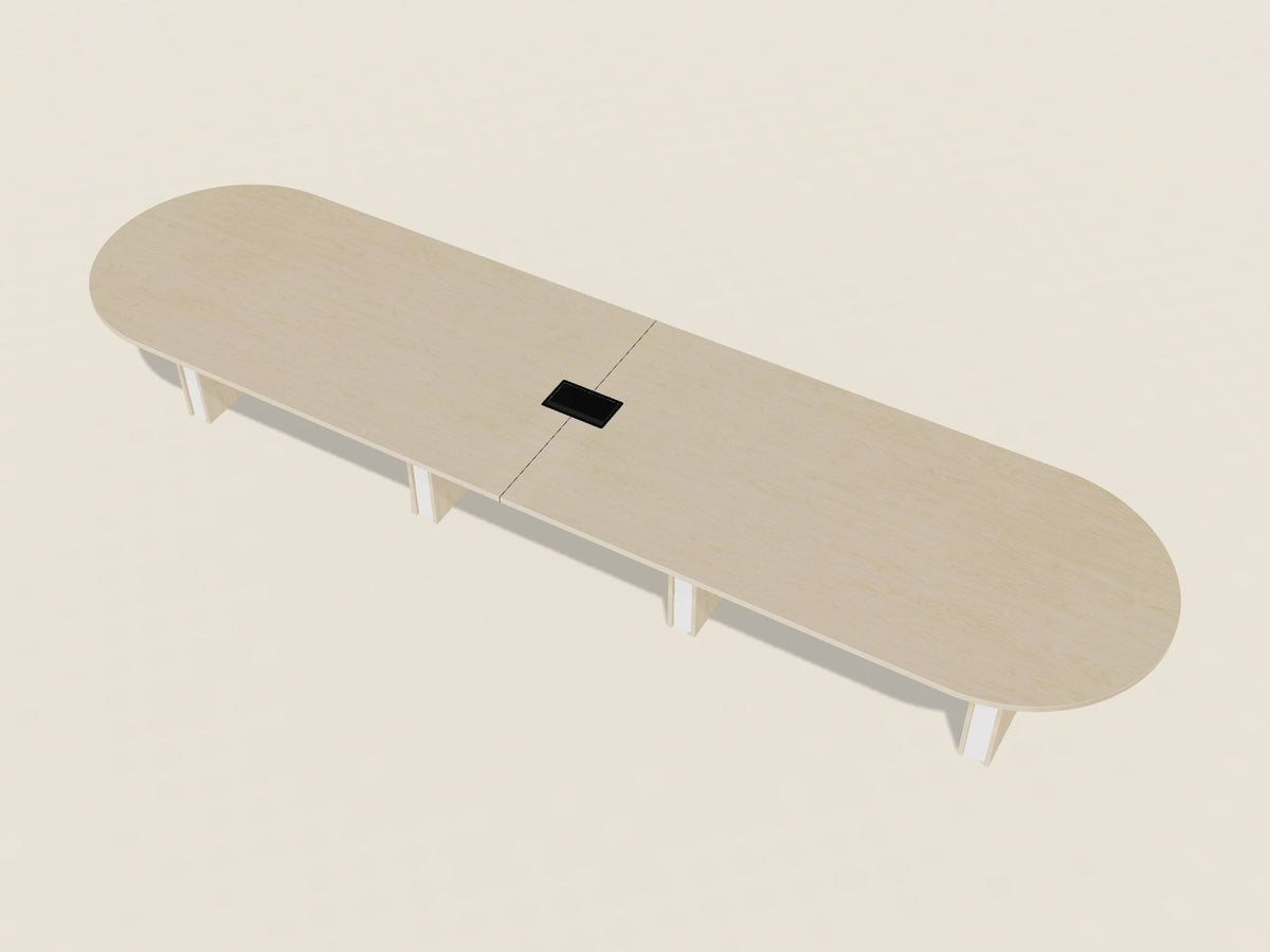 16 ft (192 inch) racetrack conference table in Hardrock Maple, a light blonde woodgrain laminate, with a black power grommet and white side panels