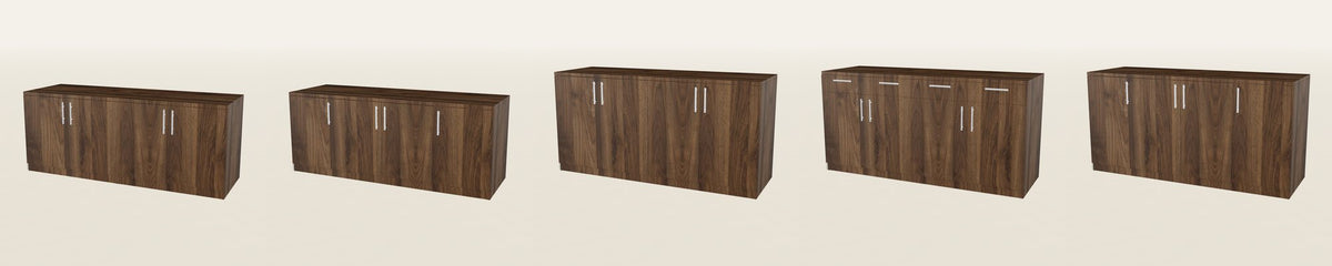Standard-height credenza with four doors in California Walnut laminate