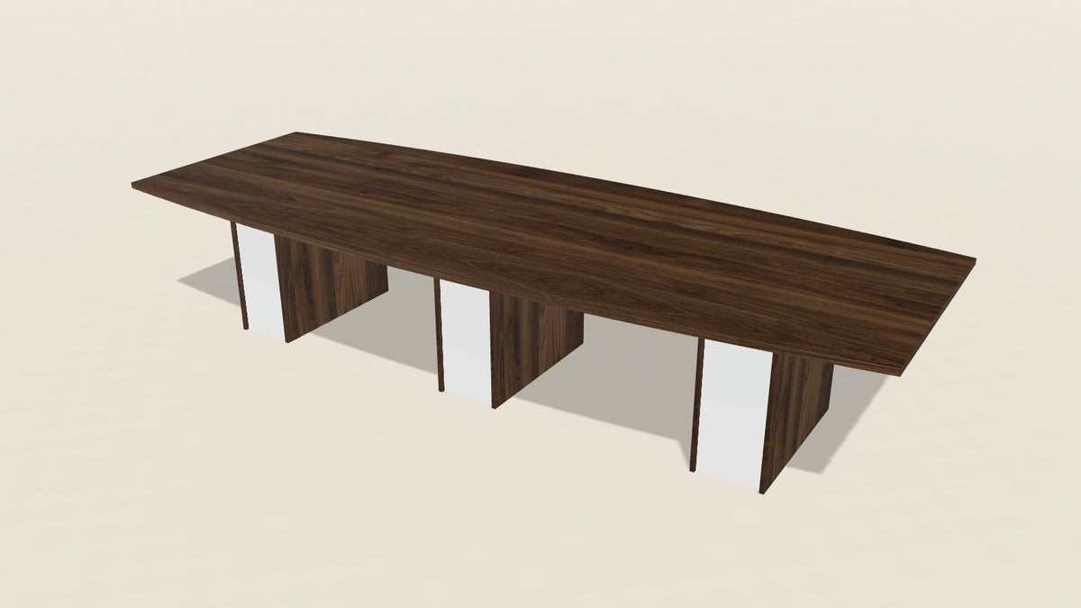 Boat shape conference table in California Walnut laminate on panel bases with white side panels, the first frame of a clip that cycles through table shapes and finishes