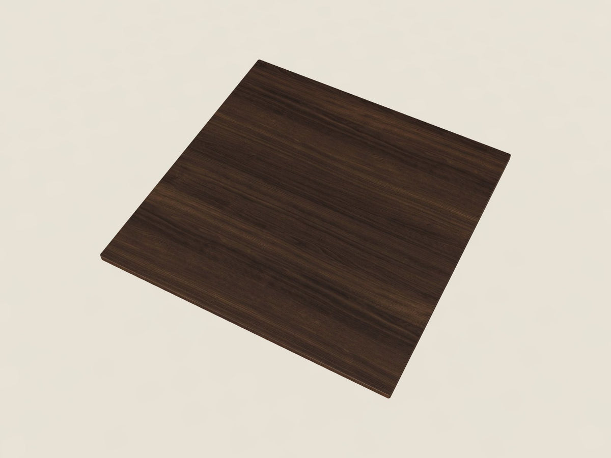 Square conference table in Vienna Coffee, a dark coffee brown woodgrain laminate, seen from above