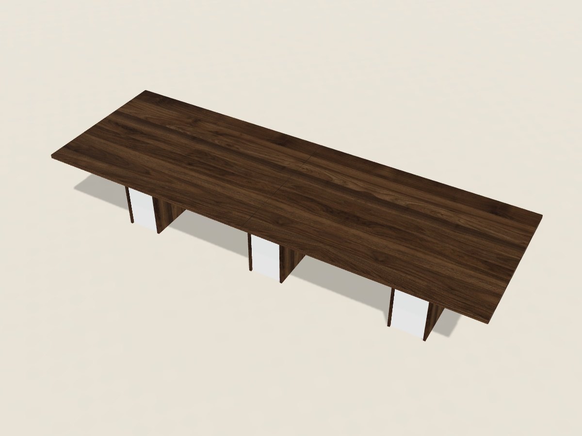 Rectangular conference table in California Walnut laminate on panel bases with Glacier White side panels