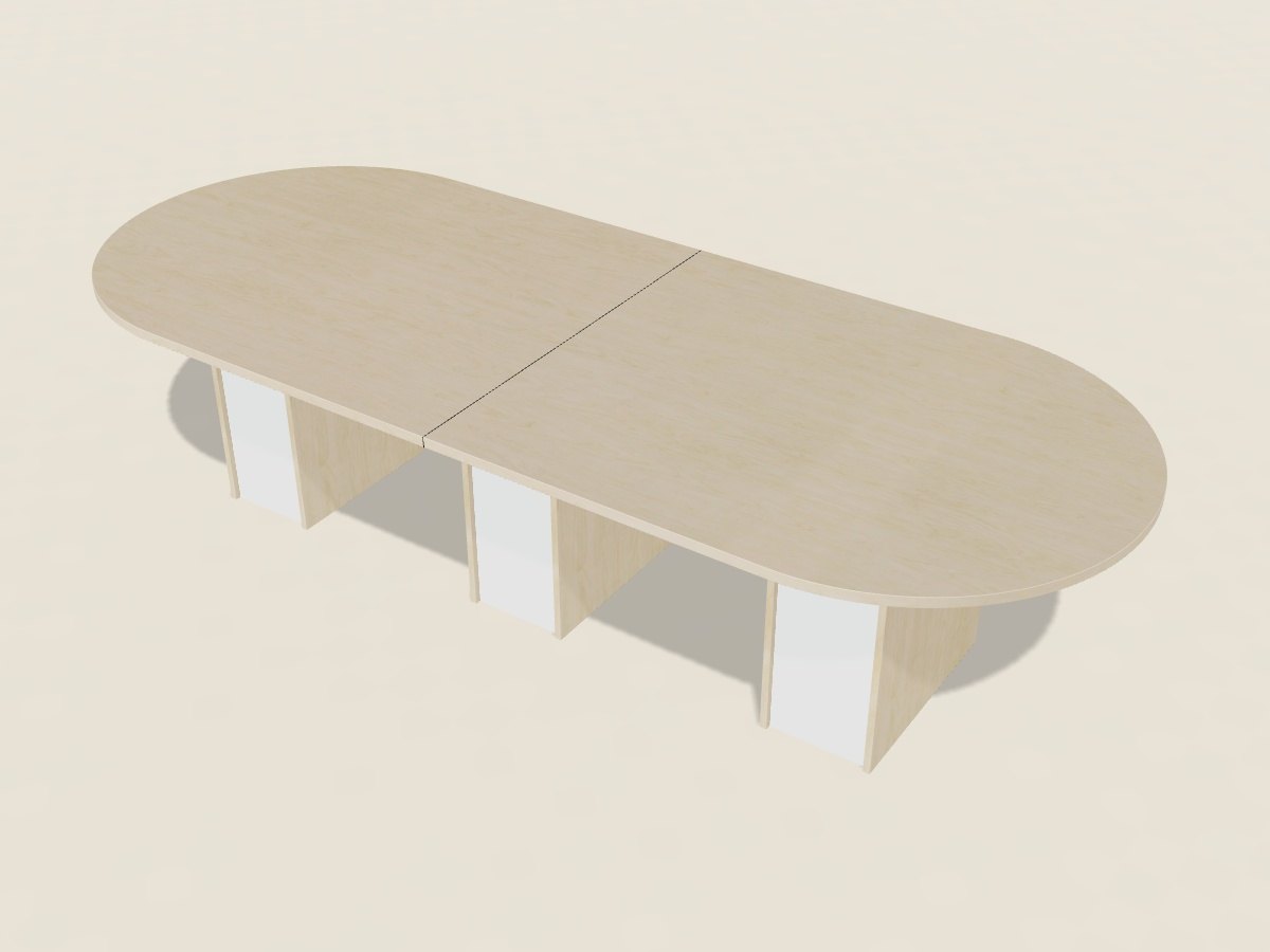 Racetrack conference table in Hardrock Maple, a light blonde woodgrain laminate, on panel bases with white side panels