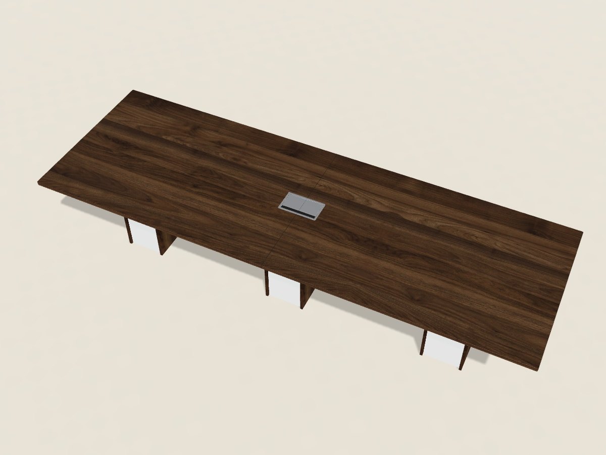 Rectangular conference table in California Walnut laminate with a silver power grommet in the top and white side panels on its bases