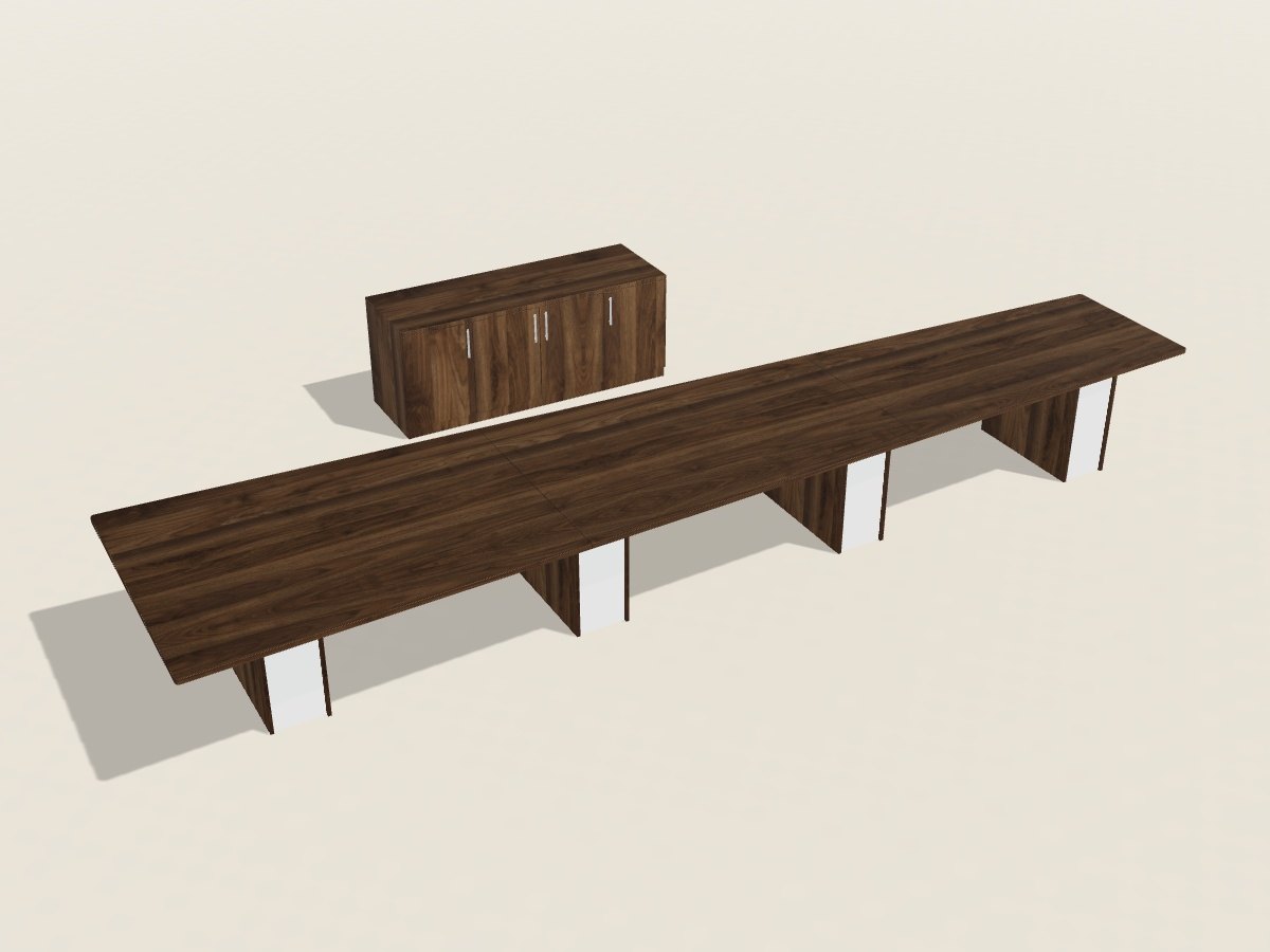 Sightline boardroom table in California Walnut laminate with a matching walnut credenza standing behind it